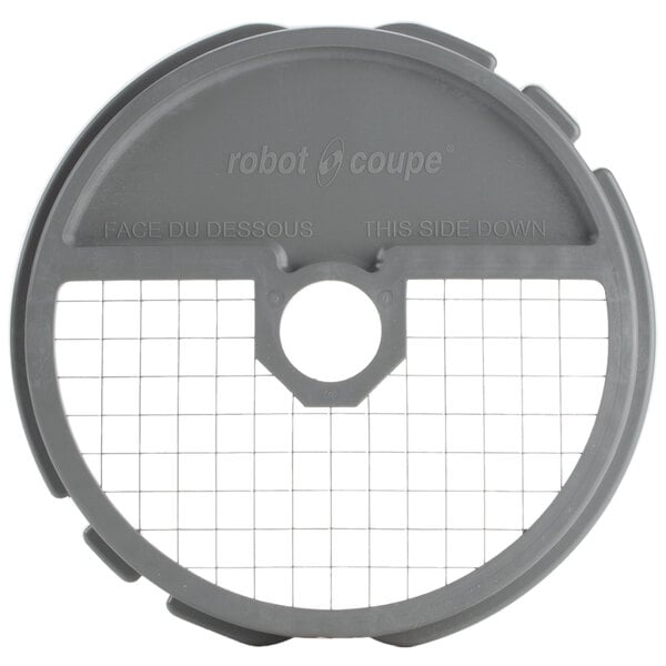 A grey circular Robot Coupe dicing grid with a grid pattern.