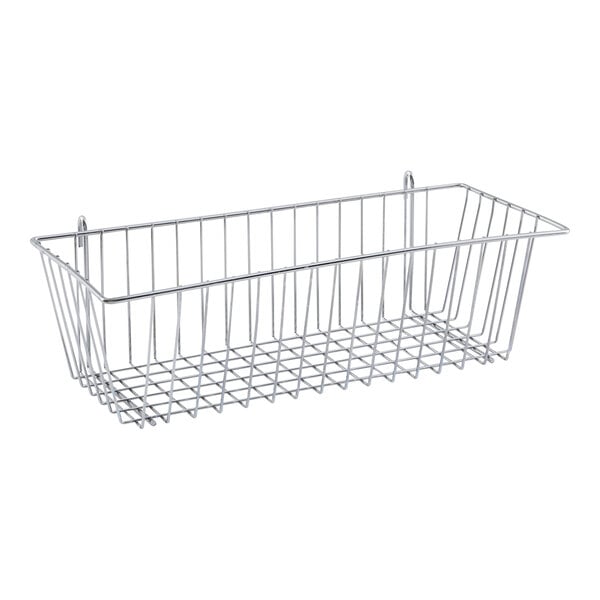 A rectangular chrome wire storage basket designed for shelving.