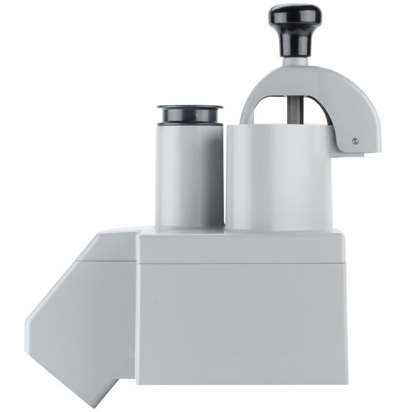 A white Robot Coupe vegetable prep attachment kit with black handles.