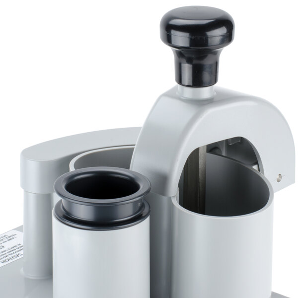 A grey Robot Coupe vegetable prep attachment kit with a black handle.