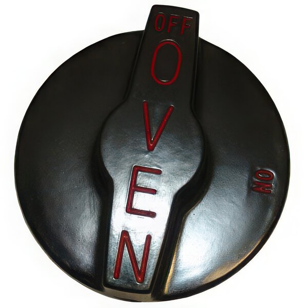 A black AllPoints oven knob with red letters that say "Off"