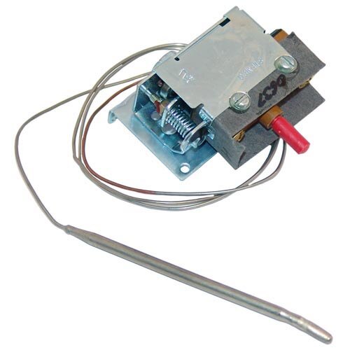 A close-up of a small metal All Points Hi-Limit Safety Thermostat with wires.