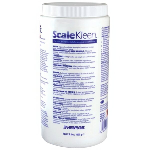 A white container of AllPoints Scalekleen Powder with blue text.