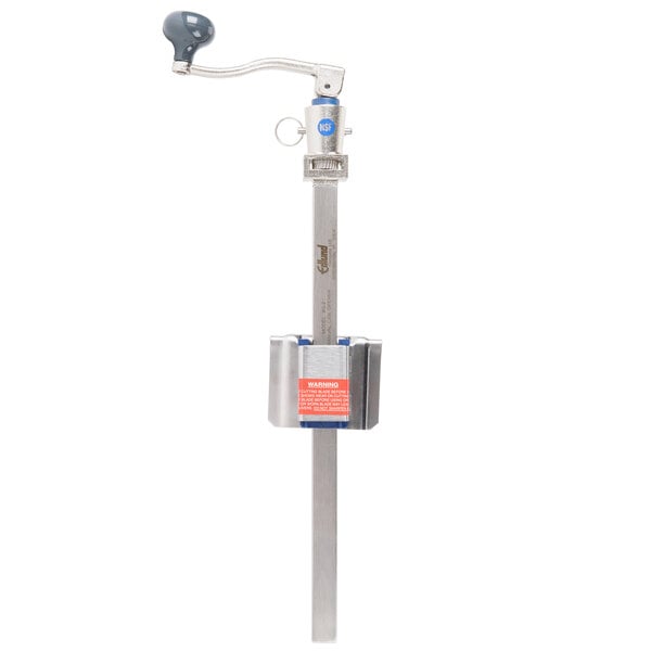 An Edlund stainless steel can opener with a metal bar and a white handle.