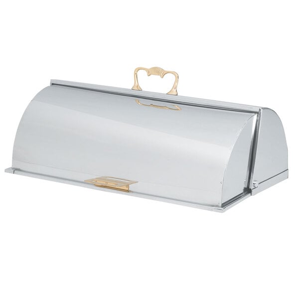 A silver metal Vollrath chafer cover with a handle.