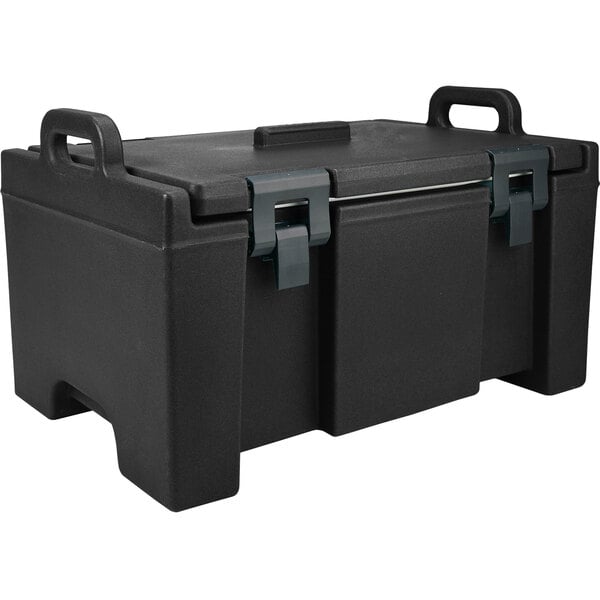 A black plastic Cambro food pan carrier with a black handle.