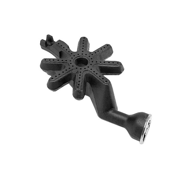 A black cast iron range burner with a star shaped top.