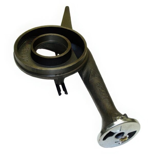 A metal AllPoints front burner assembly with a circular object and a round hole.