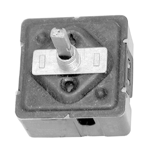 A black metal square All Points infinite switch with a small metal knob.