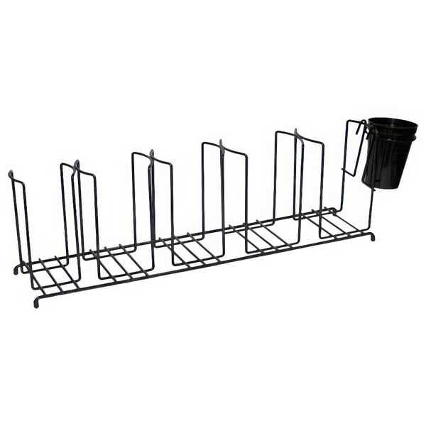 A black metal San Jamar cup and lid organizer rack with five horizontal cup holders.
