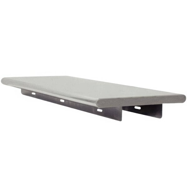 An Advance Tabco white metal pass-through shelf with metal legs.