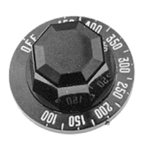 A close-up of a black All Points grill thermostat dial with numbers on it.