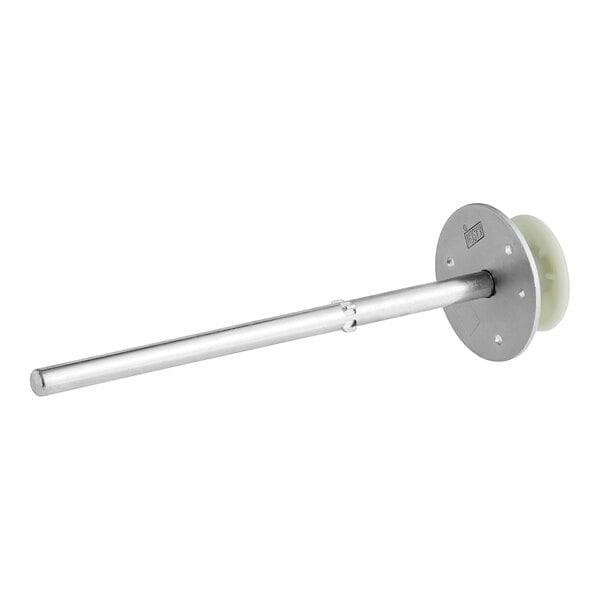 A silver metal rod with a white plastic disc on the end.