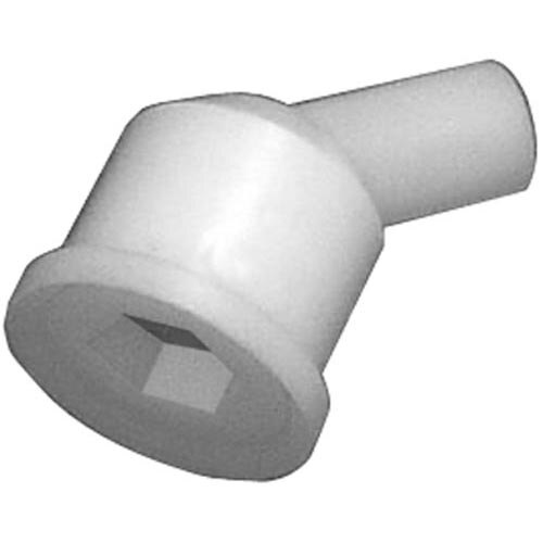 A white plastic drain elbow for True refrigeration.