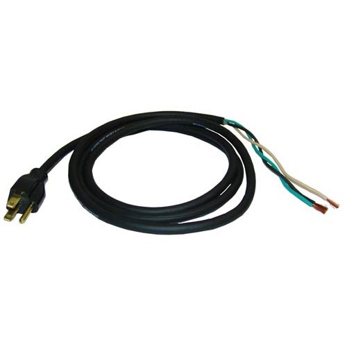 A black power cord with a black wire and gold metal connectors.