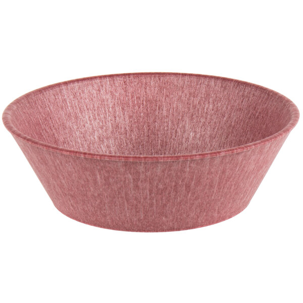 A raspberry polyethylene round basket with a red rim.