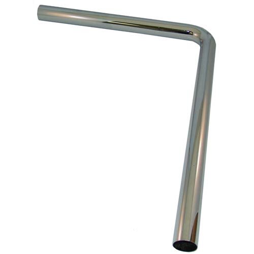 A chromed metal waste drain overflow elbow with black lines on a white background.