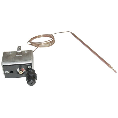 A close-up of a small metal All Points Hi-Limit Safety Thermostat with a wire attached.
