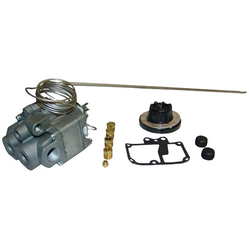 A close-up of the All Points 46-1049 thermostat kit, a black metal mechanical device with a 54" capillary.