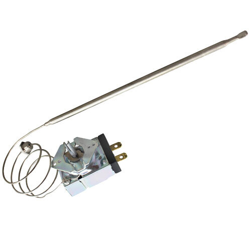 A small metal thermostat with a 24" wire.