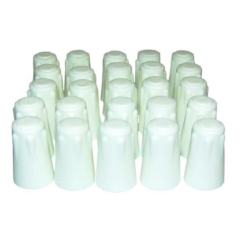A pack of white porcelain wire connectors with a round top.