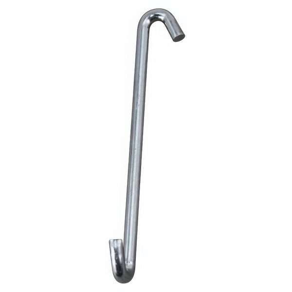 A silver hook on a white background.