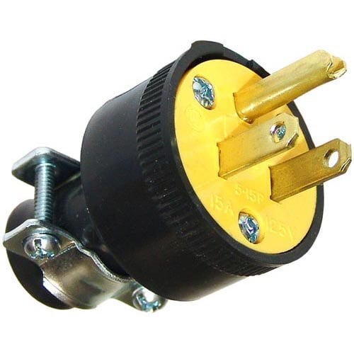 A close-up of an All Points NEMA 5-15P plug with a black and yellow design.