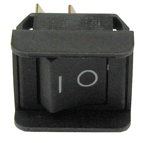 A black rocker switch with a white circle on it.