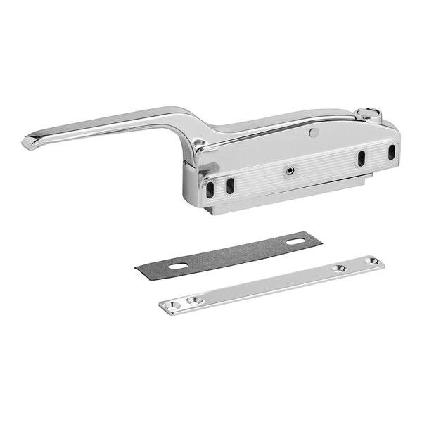 A close-up of a chrome Kason magnetic door latch with offset handle.