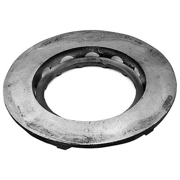 A black cast iron burner ring with holes in it.