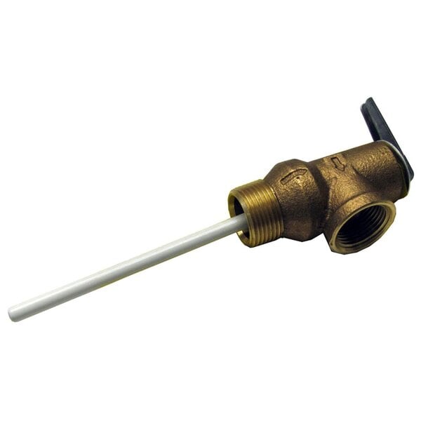 A close-up of a brass All Points pressure and temperature relief valve with a white handle.