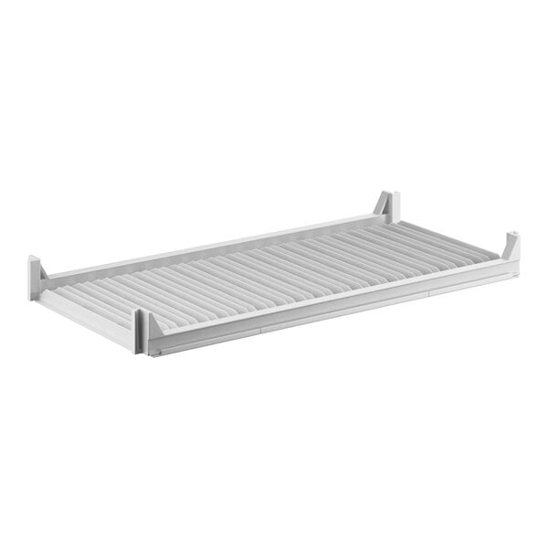 A white rectangular Cambro Camshelving® Premium shelf with metal vented slats.