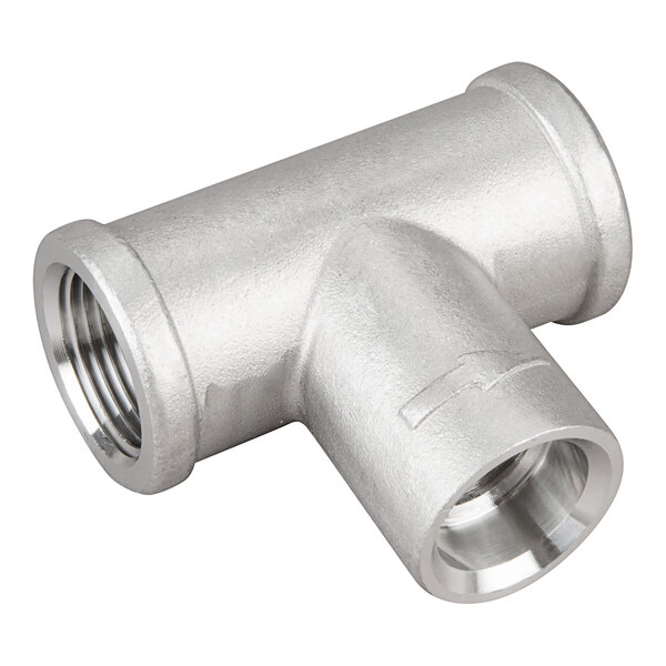 A close-up of a silver metal pipe with nozzles.