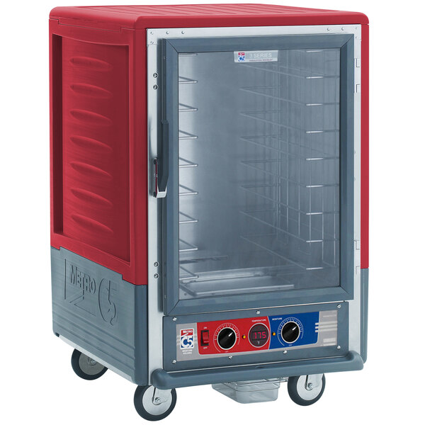 A red and silver Metro C5 holding and proofing cabinet with a clear door.