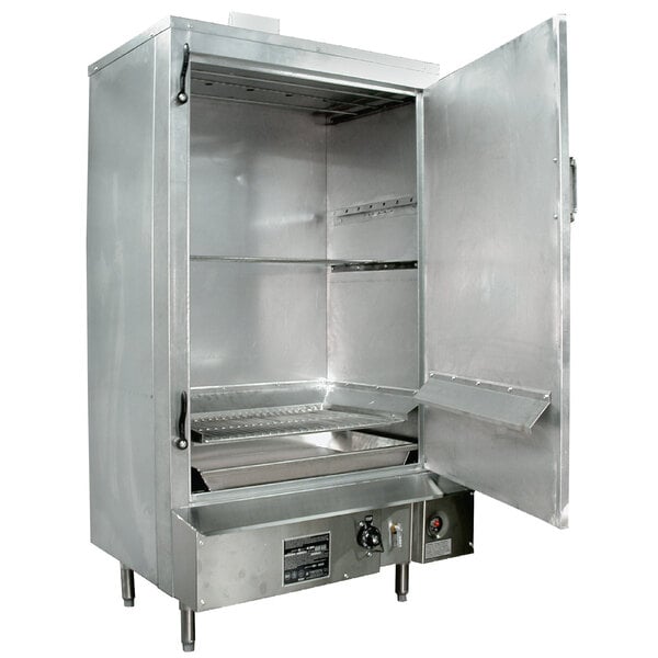 A Town stainless steel liquid propane indoor smokehouse with the door open.