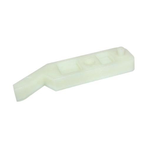 A white plastic louver rail bracket with holes.
