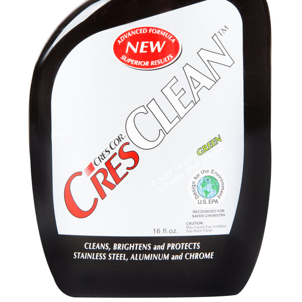 A black bottle of Cres Cor CresClean metal polish with a white label.