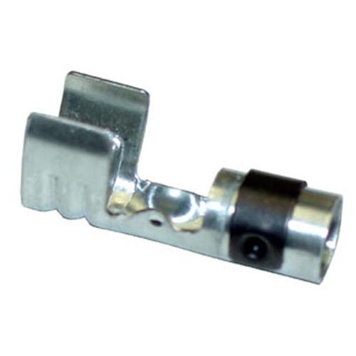 An All Points female spark plug end terminal. A close-up of a metal piece with a black handle.