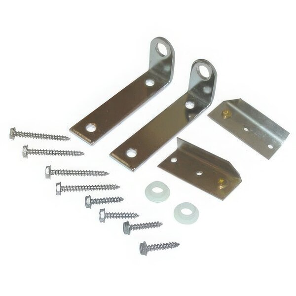 A group of metal brackets and screws, including metal plates with holes and screws.