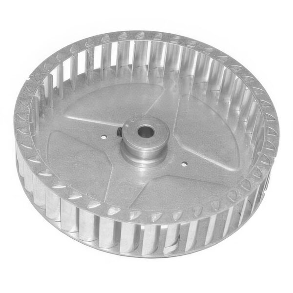 A circular metal blower wheel with holes.