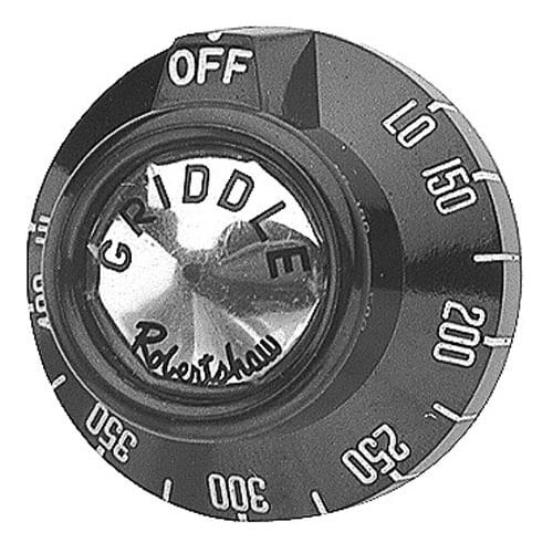 A black and white All Points griddle thermostat dial with the word Off in white.