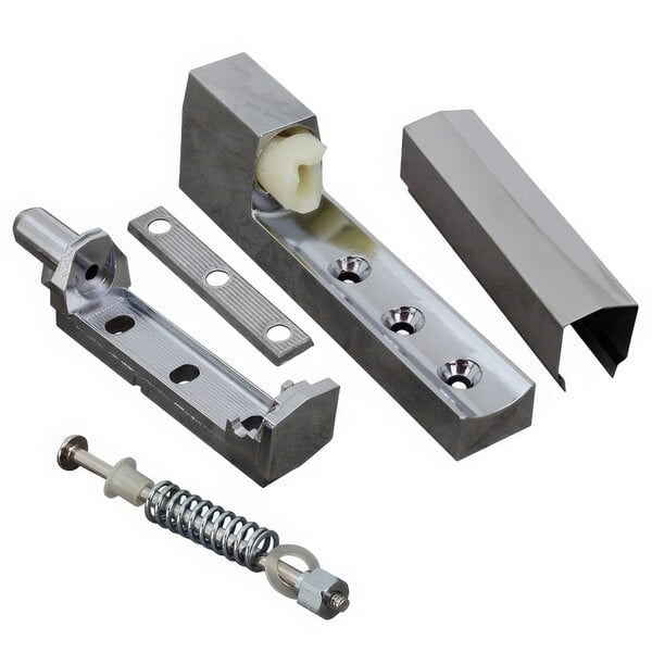 Stainless steel AllPoints edge mount cam-lift door hinge with holes in metal pieces.