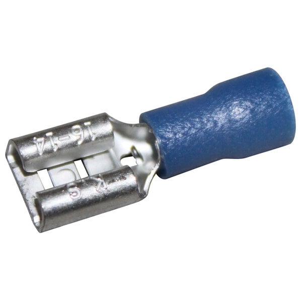 A close-up of a blue and silver All Points tin-plated copper female disconnect with a metal clip.