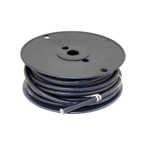 A close-up of a black #16 gauge stranded PTFE wire on a black spool.