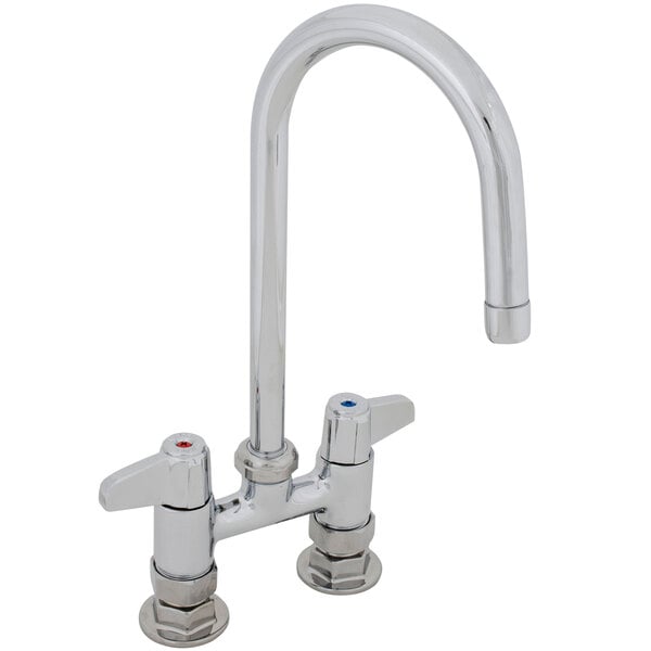 A chrome Equip by T&S deck-mounted faucet with gooseneck spout and lever handles.