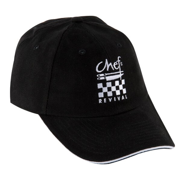 A black Chef Revival baseball cap with white text.