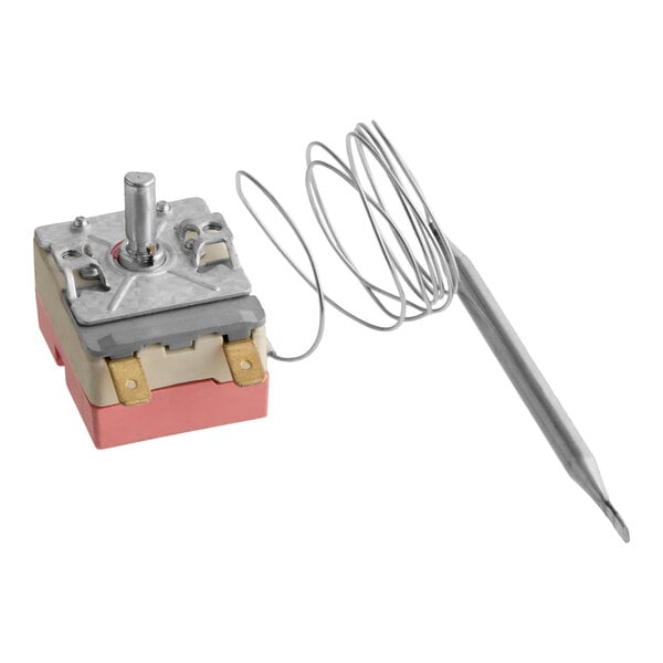 A mechanical thermostat with a coiled temperature sensor probe, commonly used in commercial kitchen equipment.