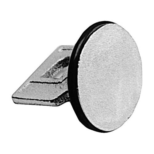 A metal waste drain stopper with a black knob on top.