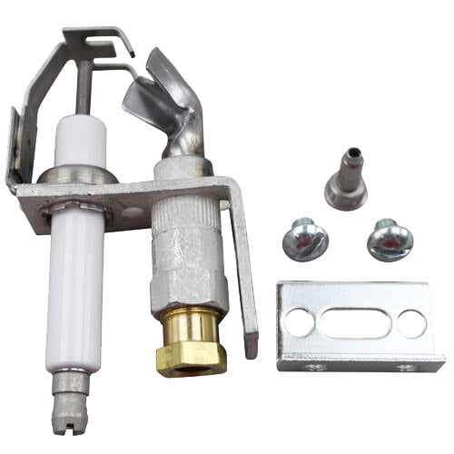 A close-up of an All Points natural gas pilot with a white tube and metal screw and nut.