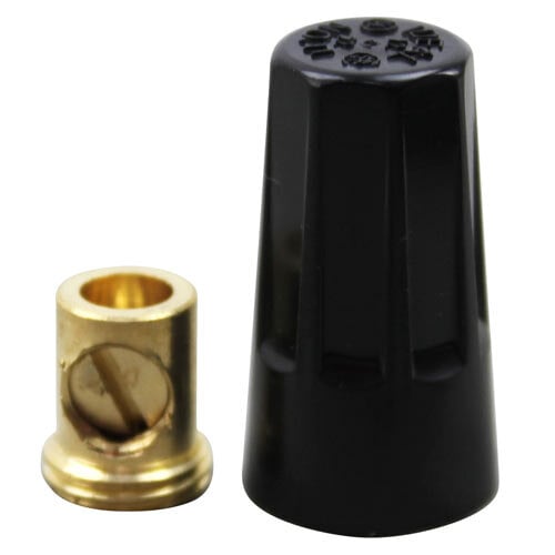 A close-up of a black plastic nut with a gold metal screw inside.